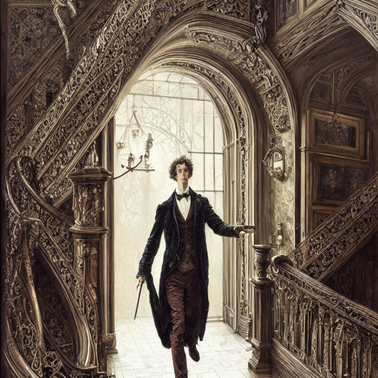 Young man descending ornate staircase in vintage interior