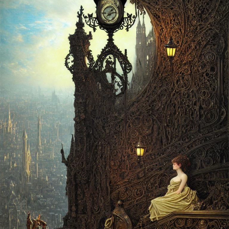 Woman in Yellow Dress on Ornate Balcony Overlooking Gothic Cityscape at Dusk