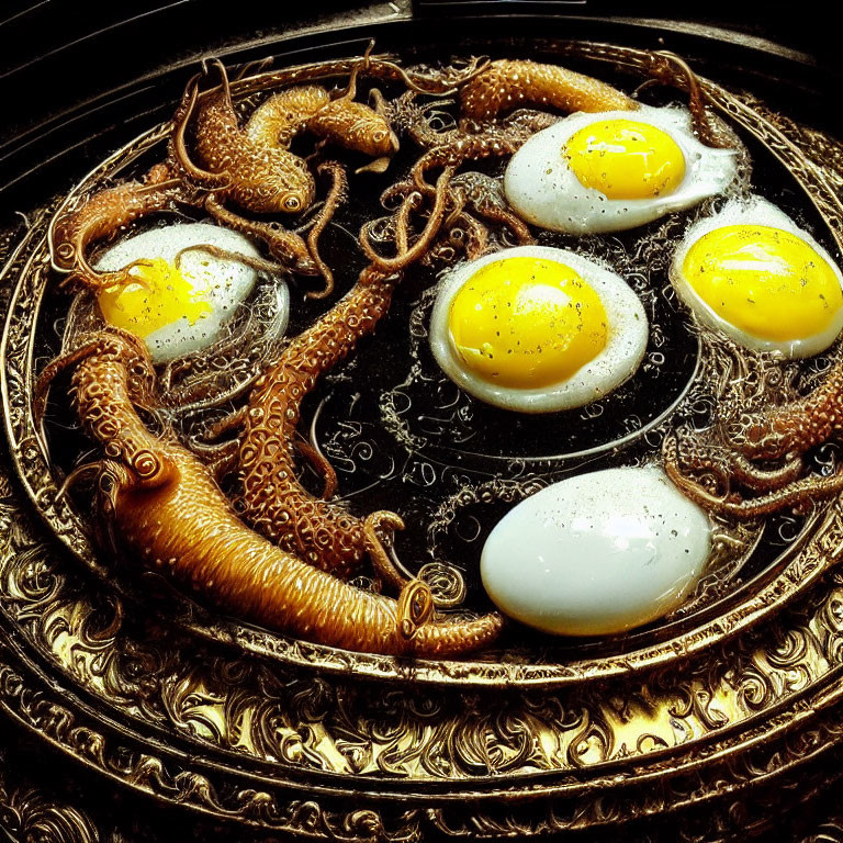 Golden octopus tentacles and sunny-side-up eggs on ornate dish.