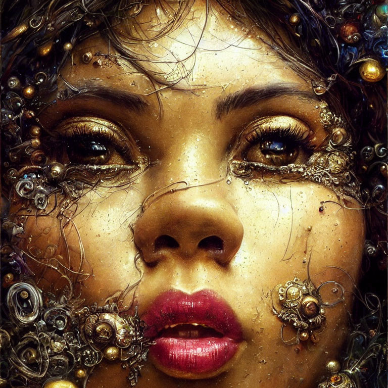 Detailed Close-Up Portrait of Woman with Ornate Metallic Embellishments