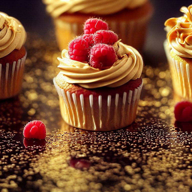 Delicious Golden Frosted Cupcakes with Fresh Raspberries