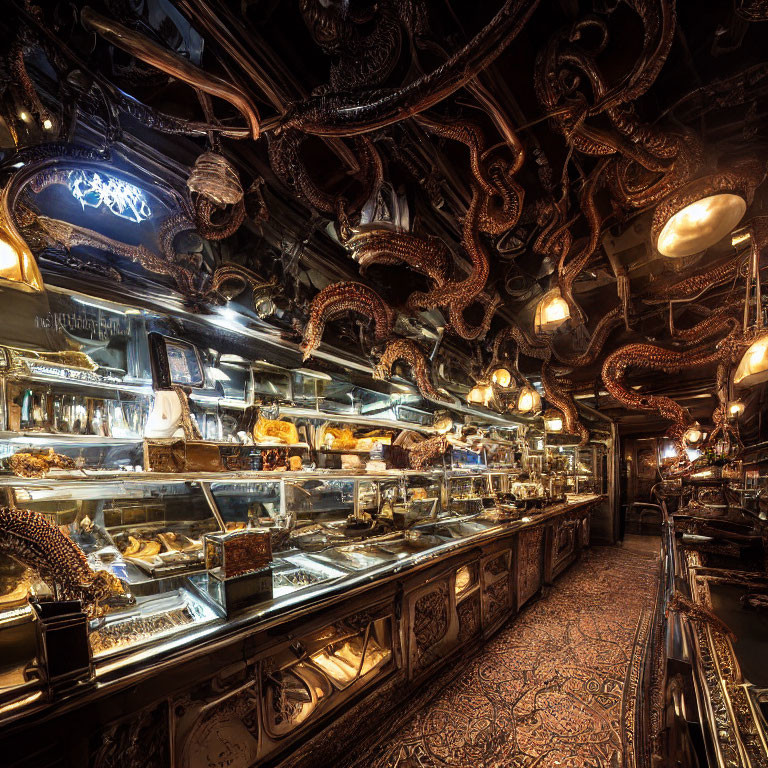 Steampunk-themed pastry shop with octopus tentacles, metalwork, vintage lighting.