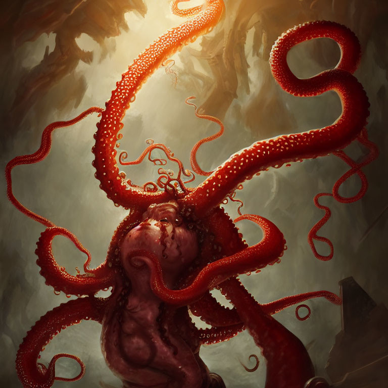 Detailed Illustration of Giant Red Octopus with Sprawling Tentacles in Dramatic Warm Lighting