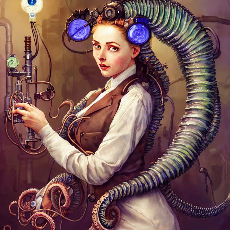 Steampunk-themed illustration of a woman with mechanical headgear and goggles