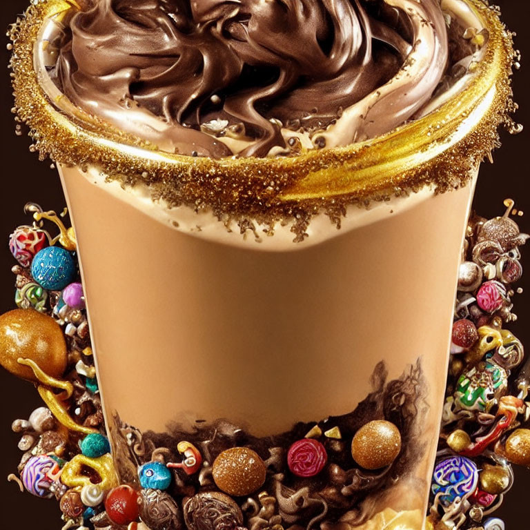 Decadent chocolate milkshake with gold glitter and candies