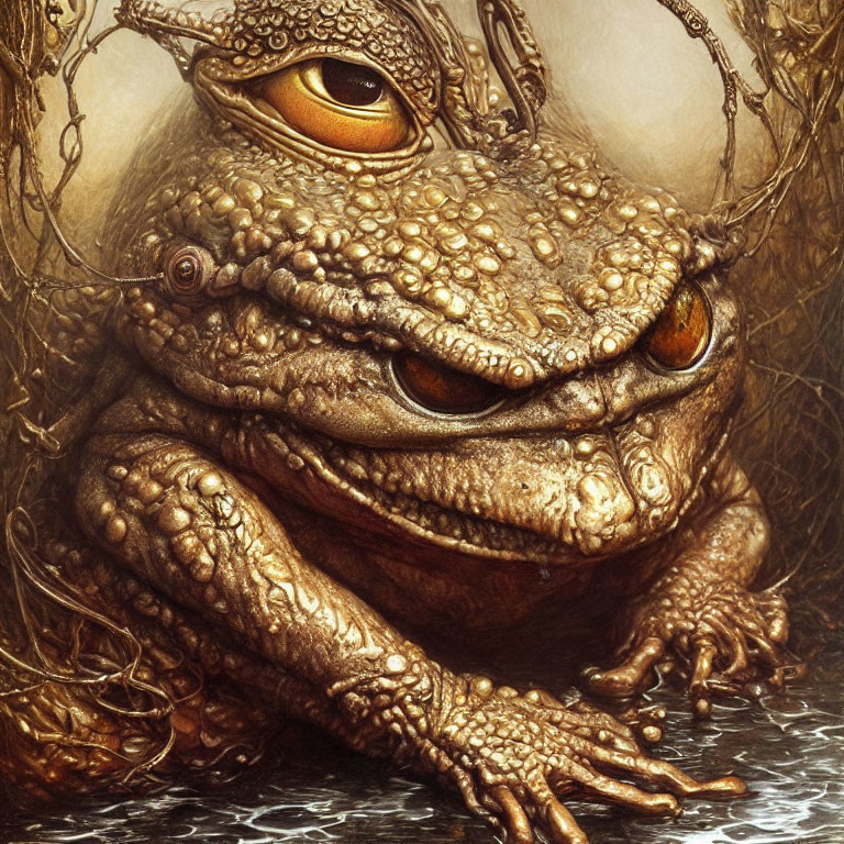 Detailed realistic illustration of a golden-eyed toad in a reed-like setting