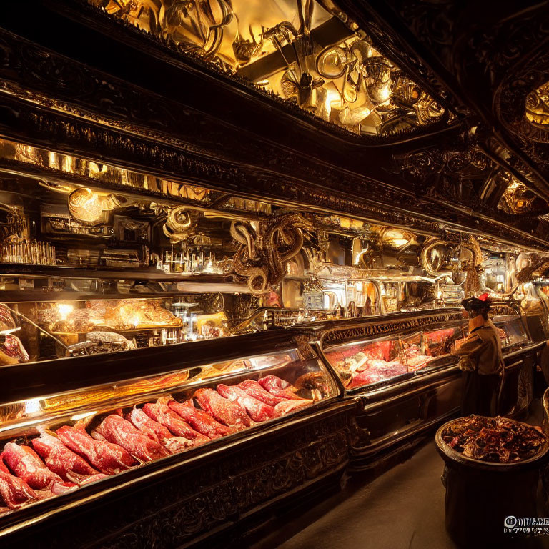 Luxurious Butcher's Shop with Rich Decor, Various Meats, and Customer Being Served