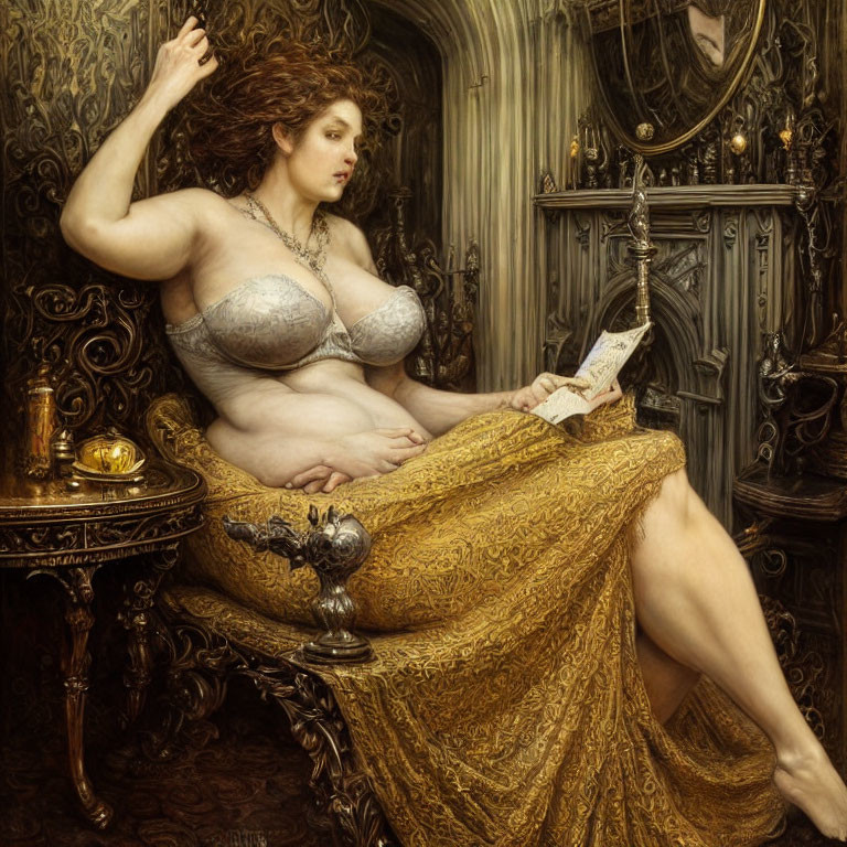 Reclining woman with auburn hair reading in ornate Gothic room