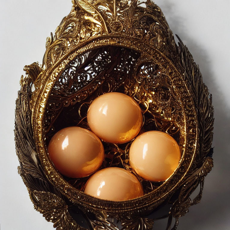 Intricate Decorative Golden Egg Opens to Reveal Nest with Four Lustrous Eggs