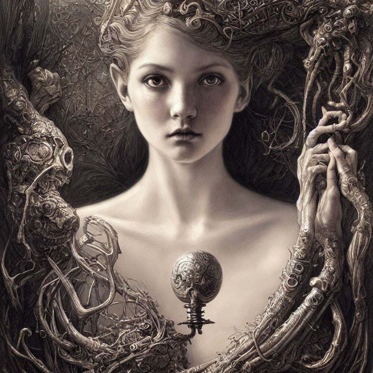 Monochrome fantasy art of young woman with organic ornamentation and entwined branches, emitting ethereal