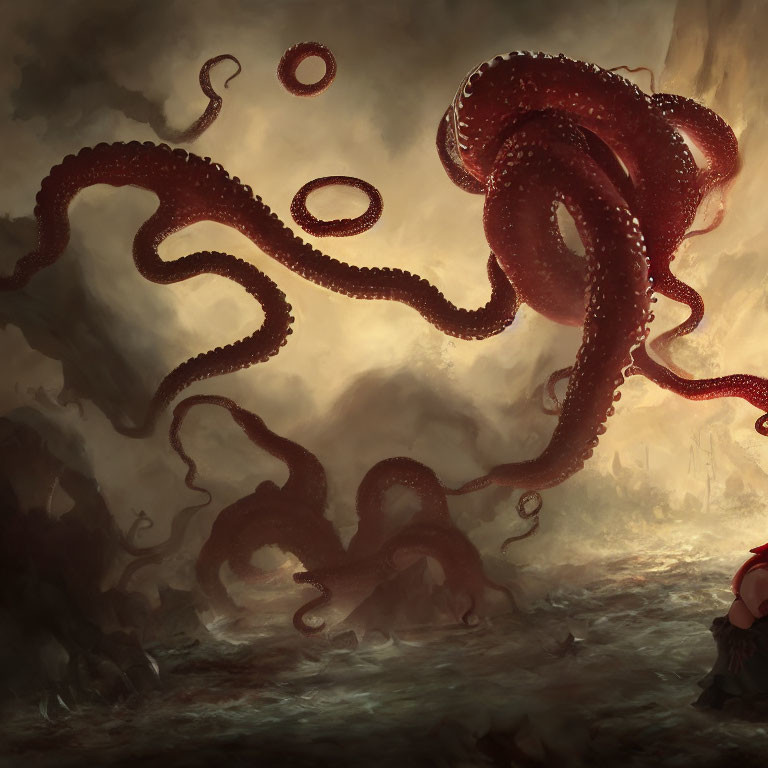 Giant red octopus and small figure in desolate landscape