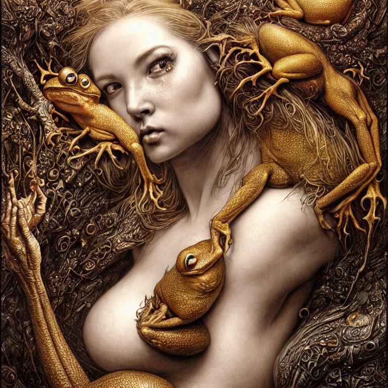 Fantasy art: Woman with golden frogs and tree root textures