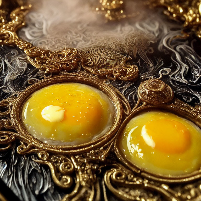 Vintage skillet frying two eggs with elaborate patterns and steam.