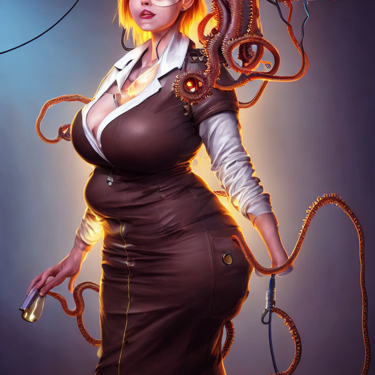 Steampunk-themed woman illustration with mechanical tentacles and vial, under blue and orange backlight