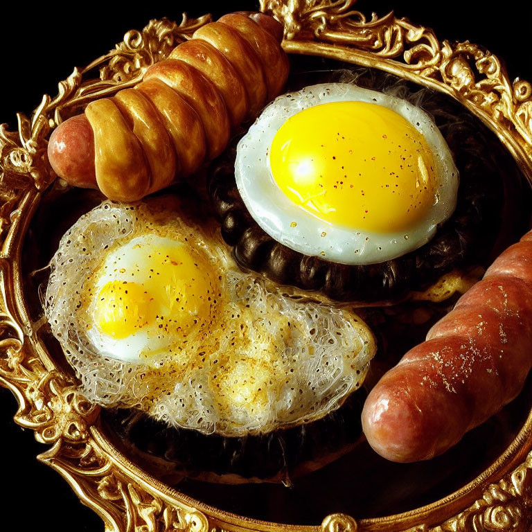 Luxurious breakfast: fried eggs, pepper, sausages on golden plate