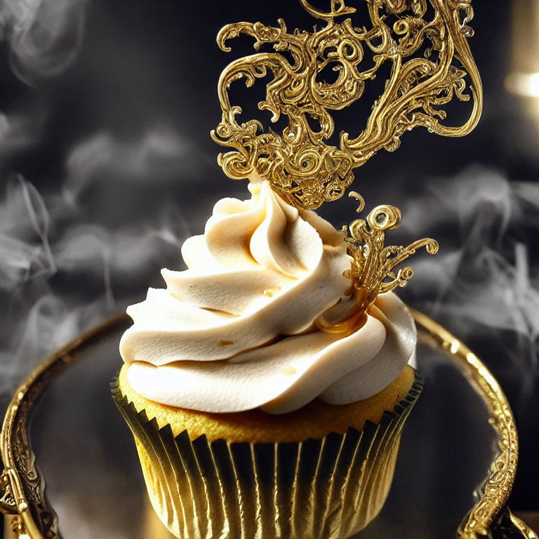 Golden cupcake with filigree topper and creamy swirl frosting in luxurious setting