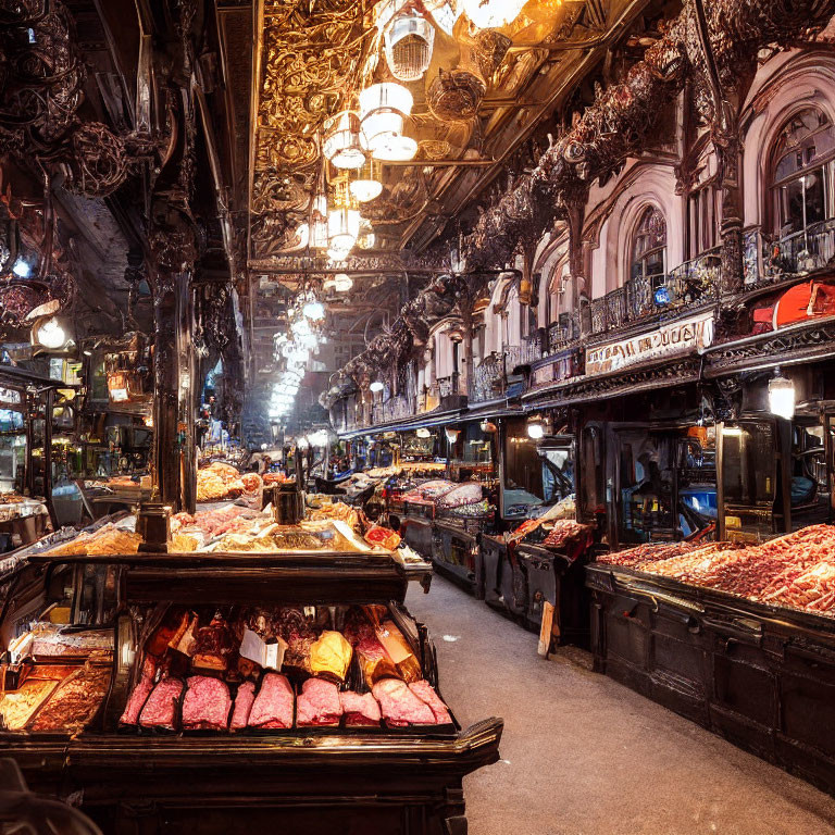 Indoor Market with Ornate Decor and Meat Displays