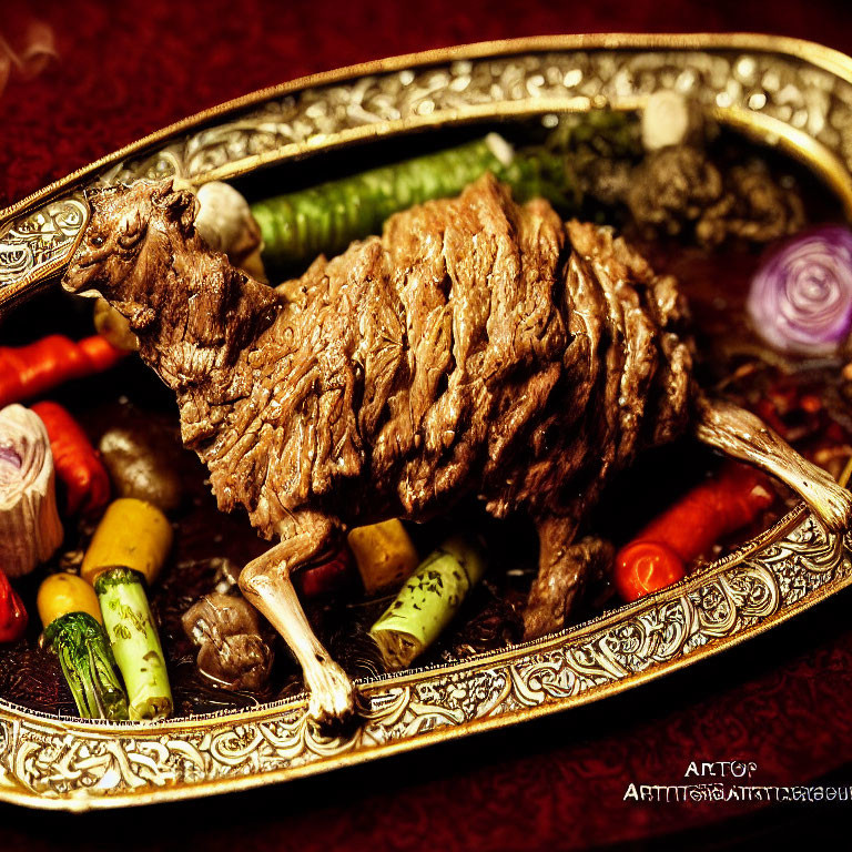 Roasted lamb with grilled vegetables on silver platter and red surface