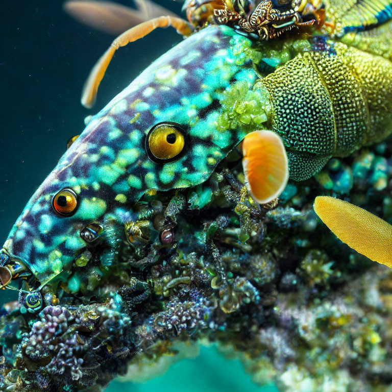 Vibrant peacock mantis shrimp on coral reef with colorful patterns