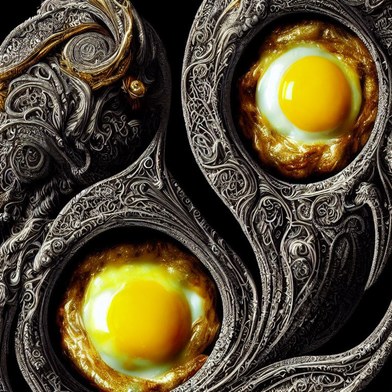 Ornate silver antique filigree pans with sunny-side-up eggs