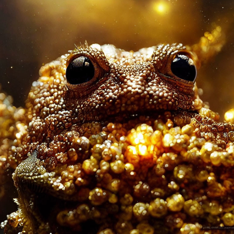 Detailed close-up of textured toad face with large glossy eyes on golden backdrop