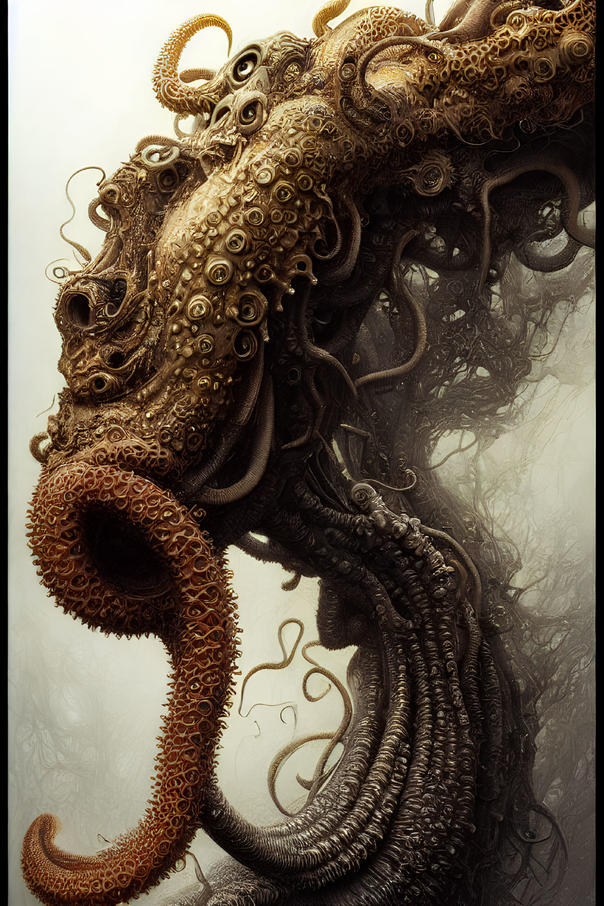 Detailed tentacled creature in misty backdrop with intricate textures.