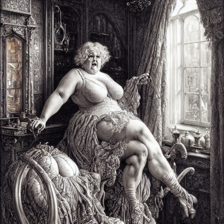 Monochrome illustration: Shocked woman in historical undergarments on ornate chair