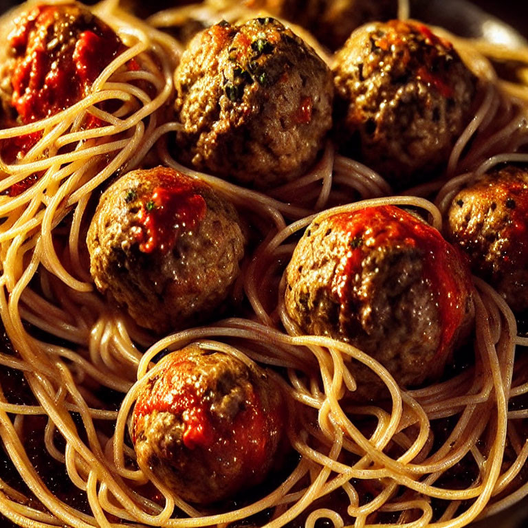 Savory spaghetti with meatballs and tomato sauce close-up