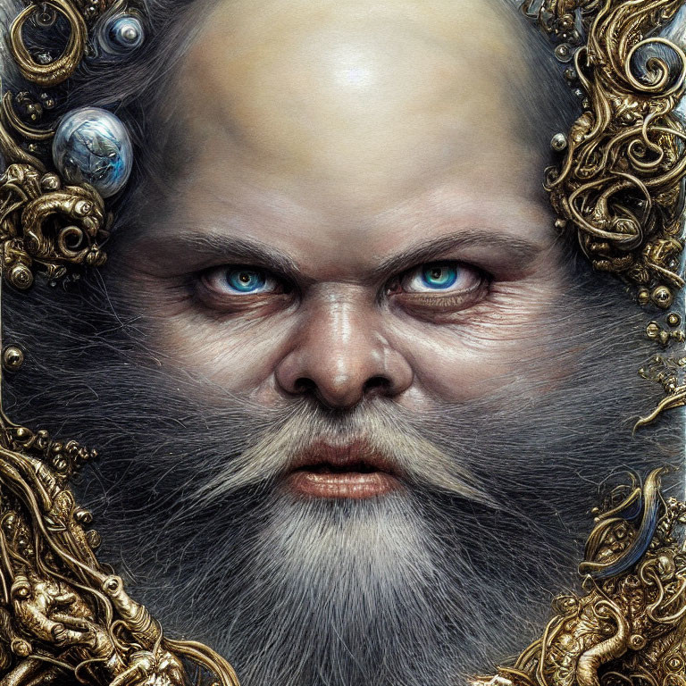 Detailed portrait of figure with blue eyes, gray beard, and golden filigree.