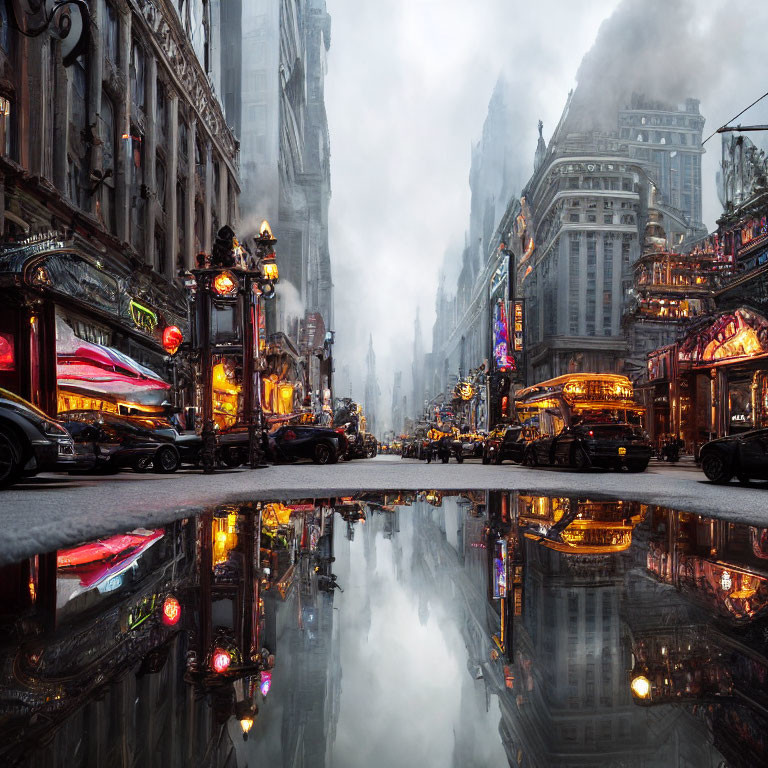 City street at dusk with vintage lighting, reflections, classic cars - retro-futuristic ambiance.