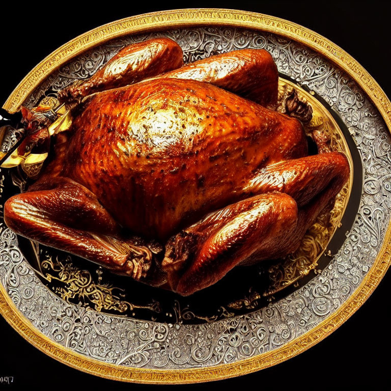 Roasted Turkey on Ornate Silver Platter Dark Background