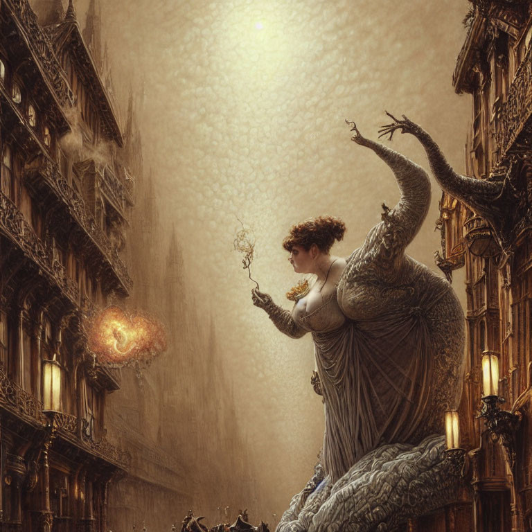 Fantastical woman with dragon-like features in mystical urban alleyway