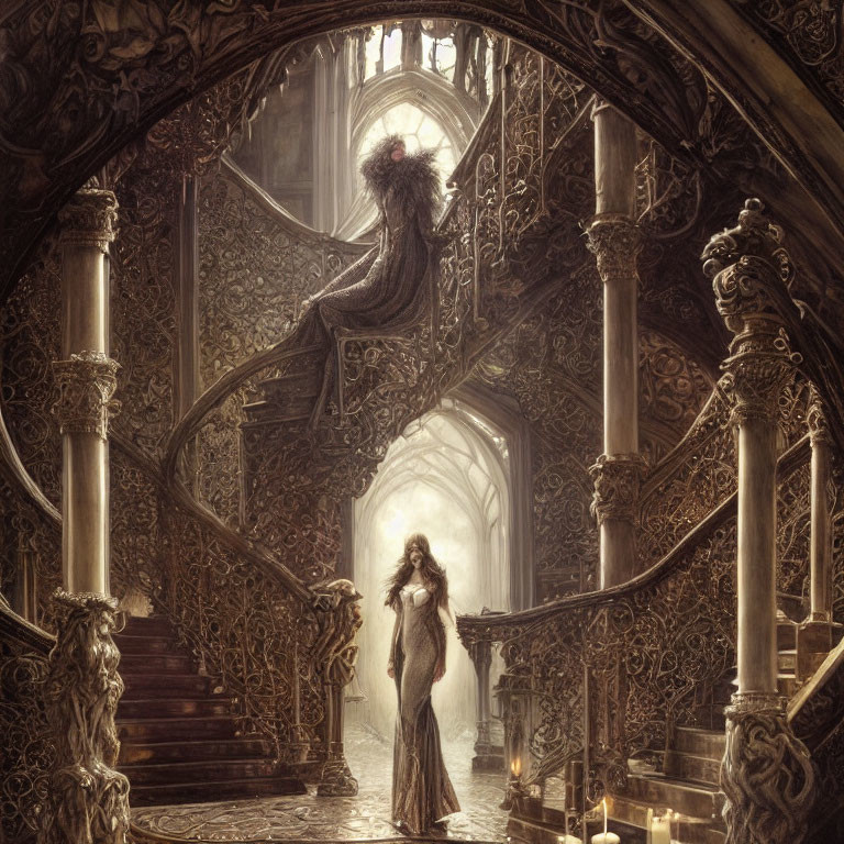 Ethereal figure in flowing gown at base of ornate staircase in gothic room