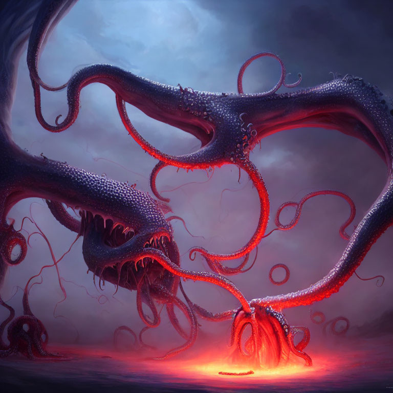 Glowing red tentacles in smoky purple background