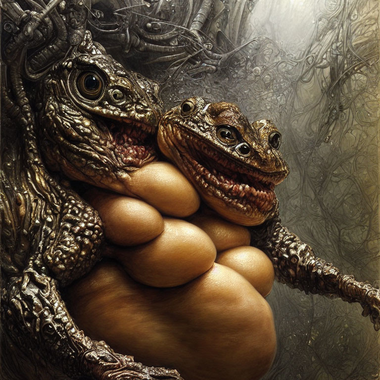 Intricately textured toad-like creatures in close embrace