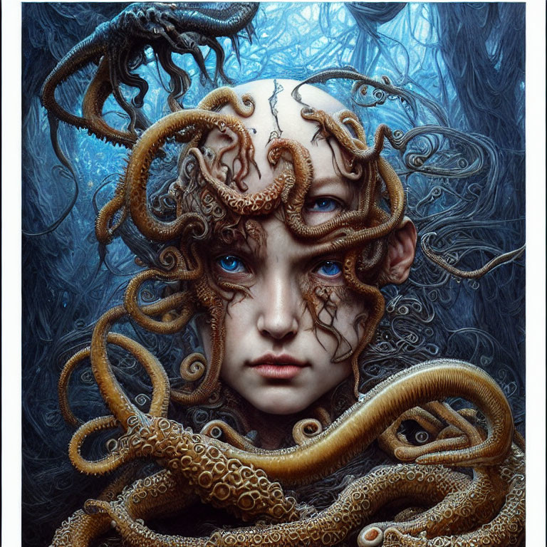 Surreal portrait: person with octopus tentacles on dark blue background