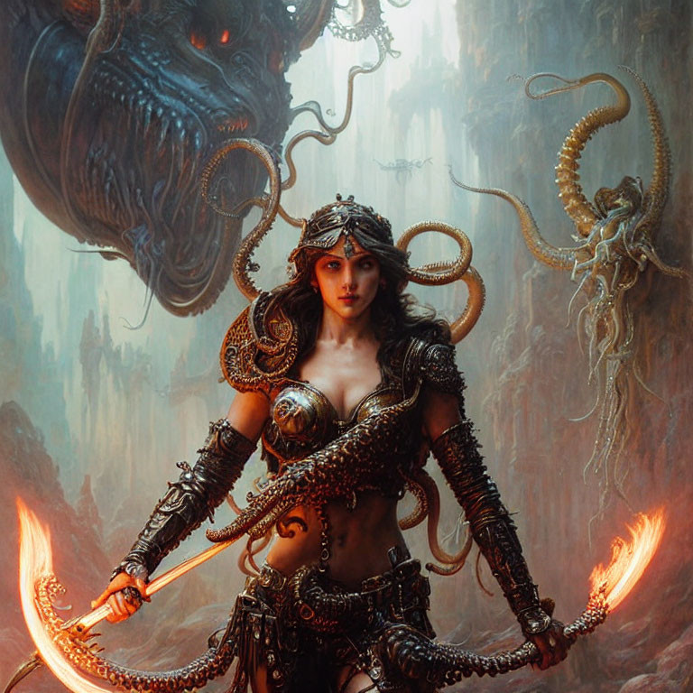 Warrior in ornate armor with blazing sword in fantasy landscape.