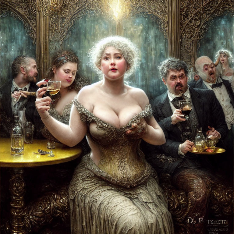 Elaborate Party Scene with Voluptuous Woman and Guests Eating and Drinking