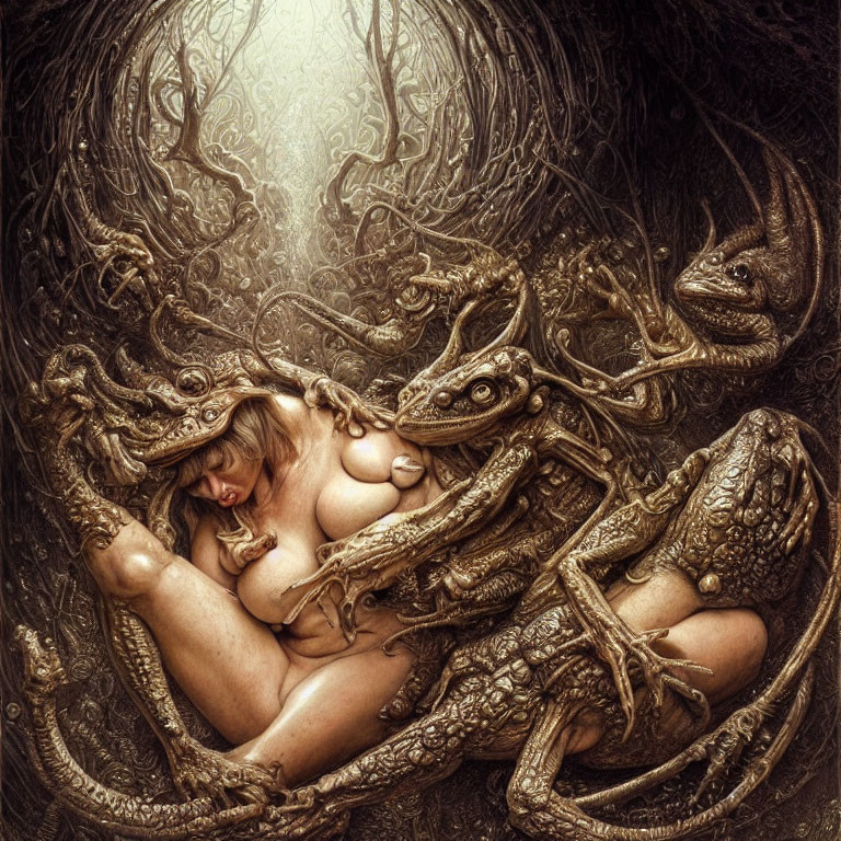 Fantastical woman surrounded by serpent-like creatures in ornate frame