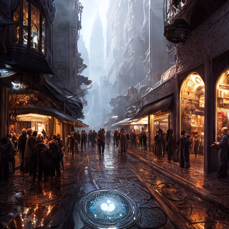 Fantastical city street with ornate architecture and glowing signs