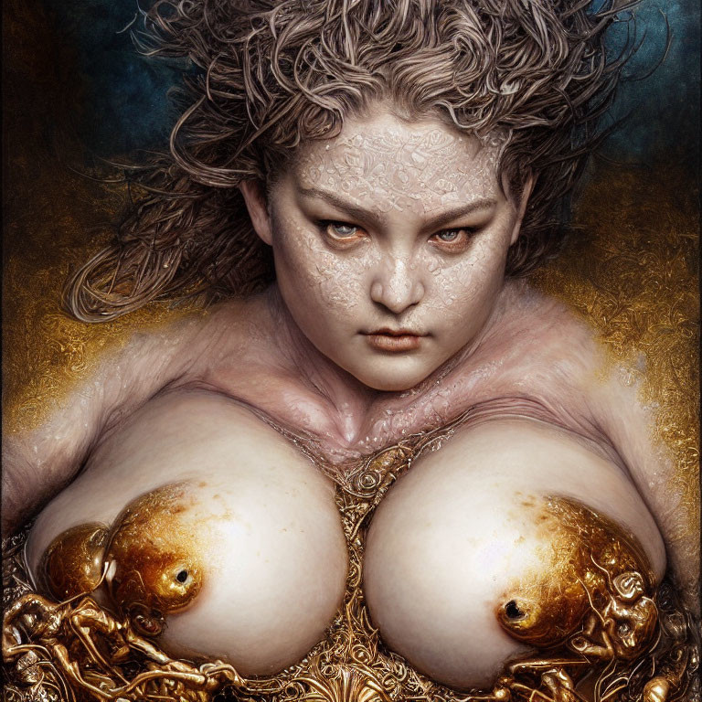 Fantasy portrait of woman with alabaster skin and golden embellishments