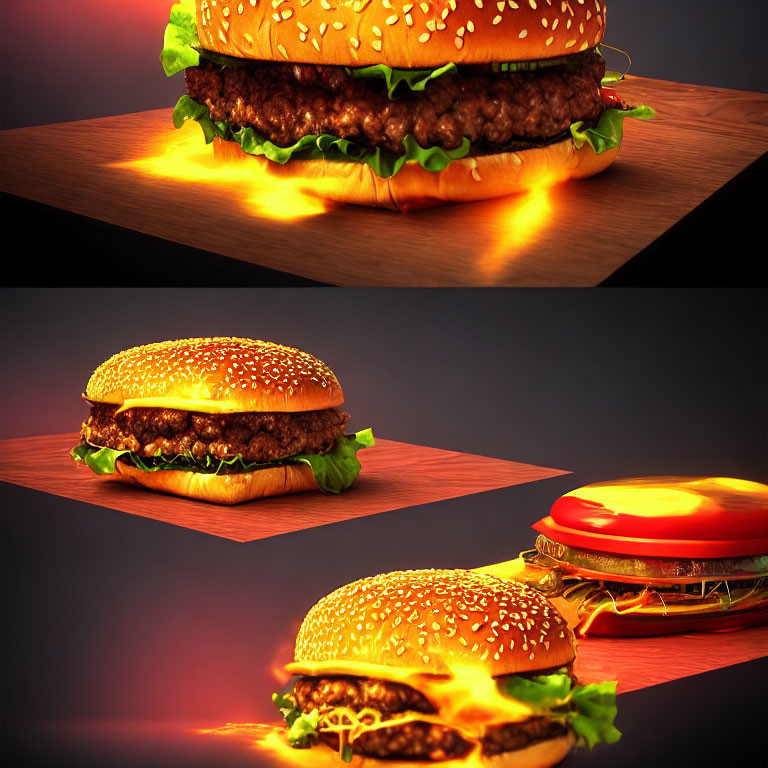 Three glowing edge burger images on dark background.