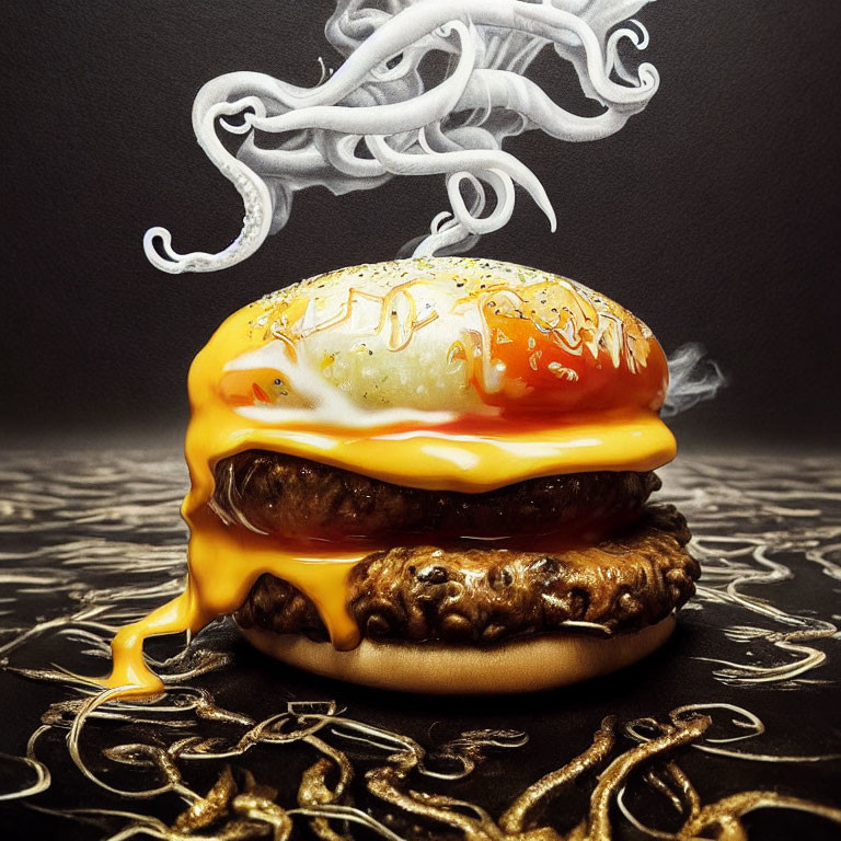 Realistic Cheeseburger Drawing with Melting Cheddar, Beef Patty, and Fried Egg