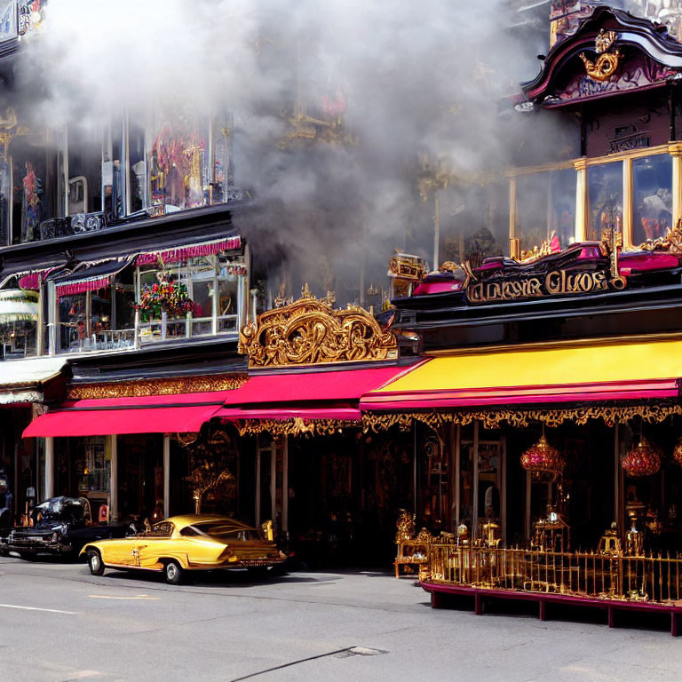 Ornate black and gold building with smoking chimney and classic yellow car on sunny day