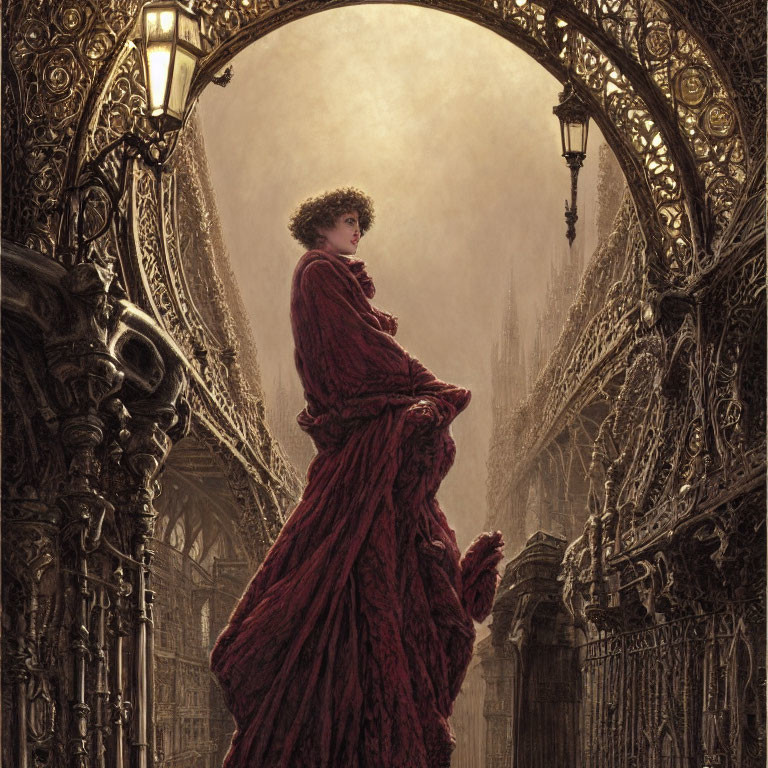 Woman in flowing red dress under ornate archway with gothic architecture and lamp post.