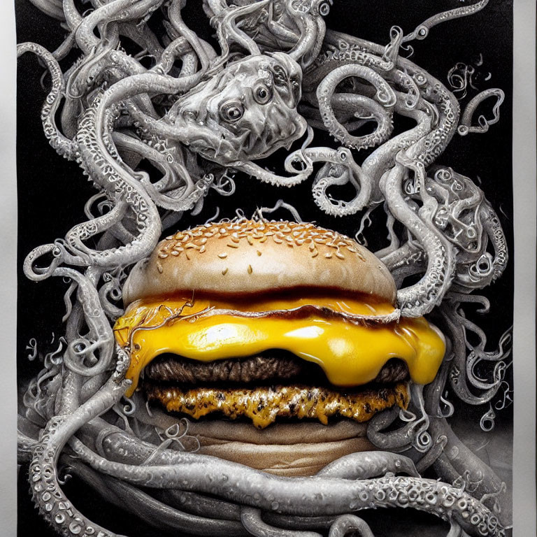 Octopus Tentacles Surrounding Cheeseburger on Black Background