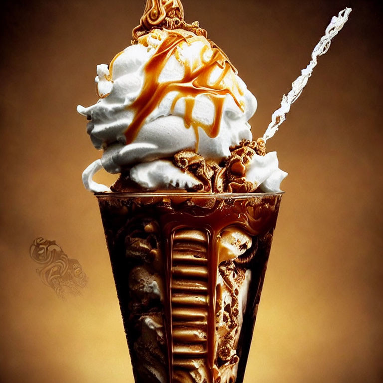 Whipped cream sundae with caramel and splash in chocolate waffle cone