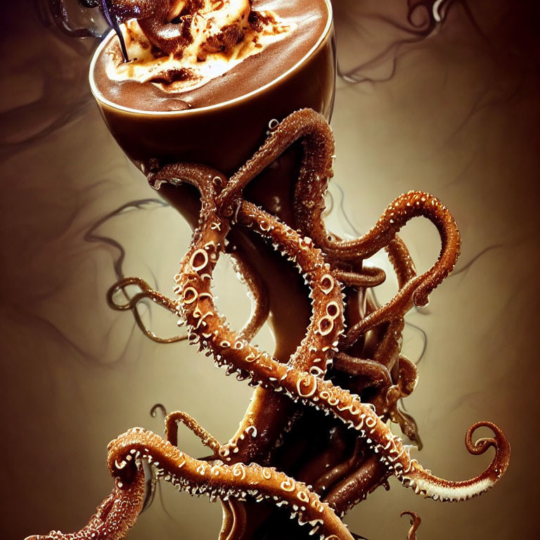 Digital artwork: Octopus tentacles in coffee cup