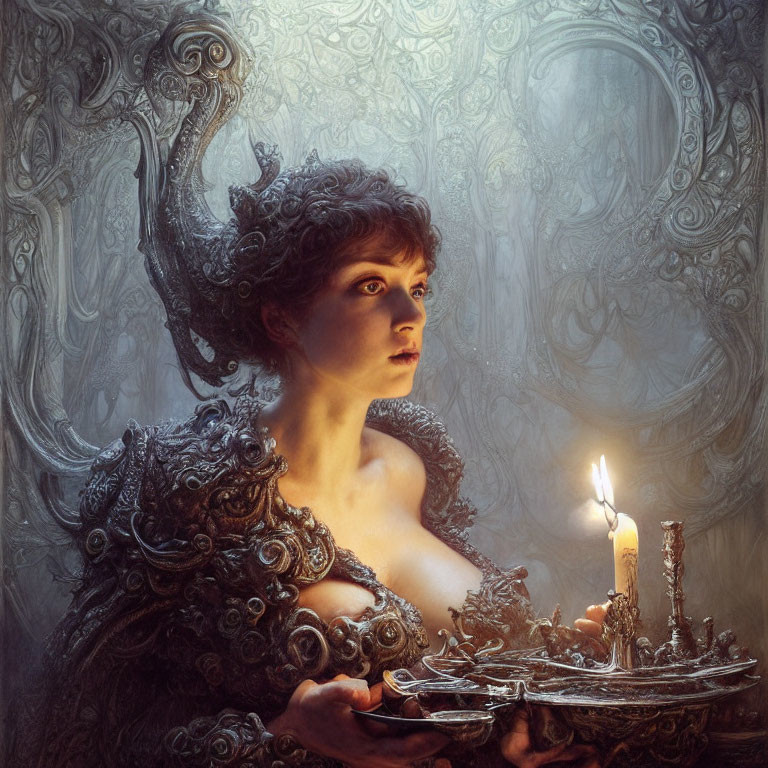 Portrait of woman in ornate attire holding candle on embellished tray