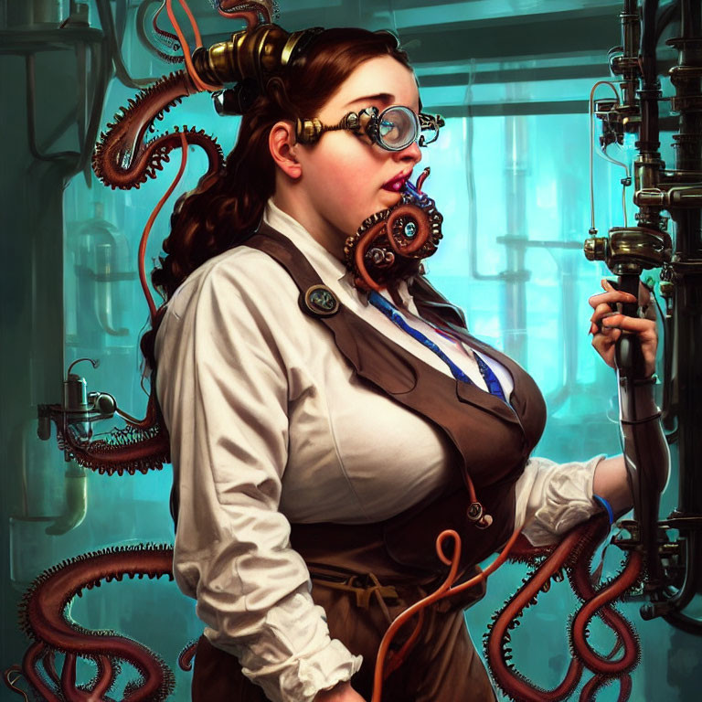 Steampunk woman with goggles and mechanical octopus arm in industrial setting.